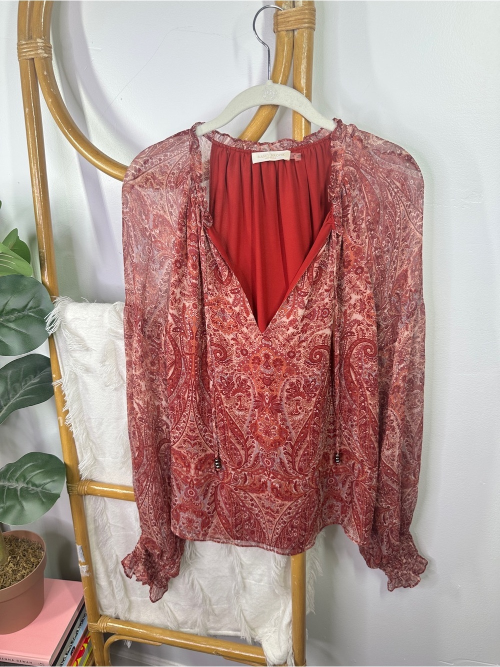 Ramy Brook Red Paisley Long Sleeve Blouse sz L